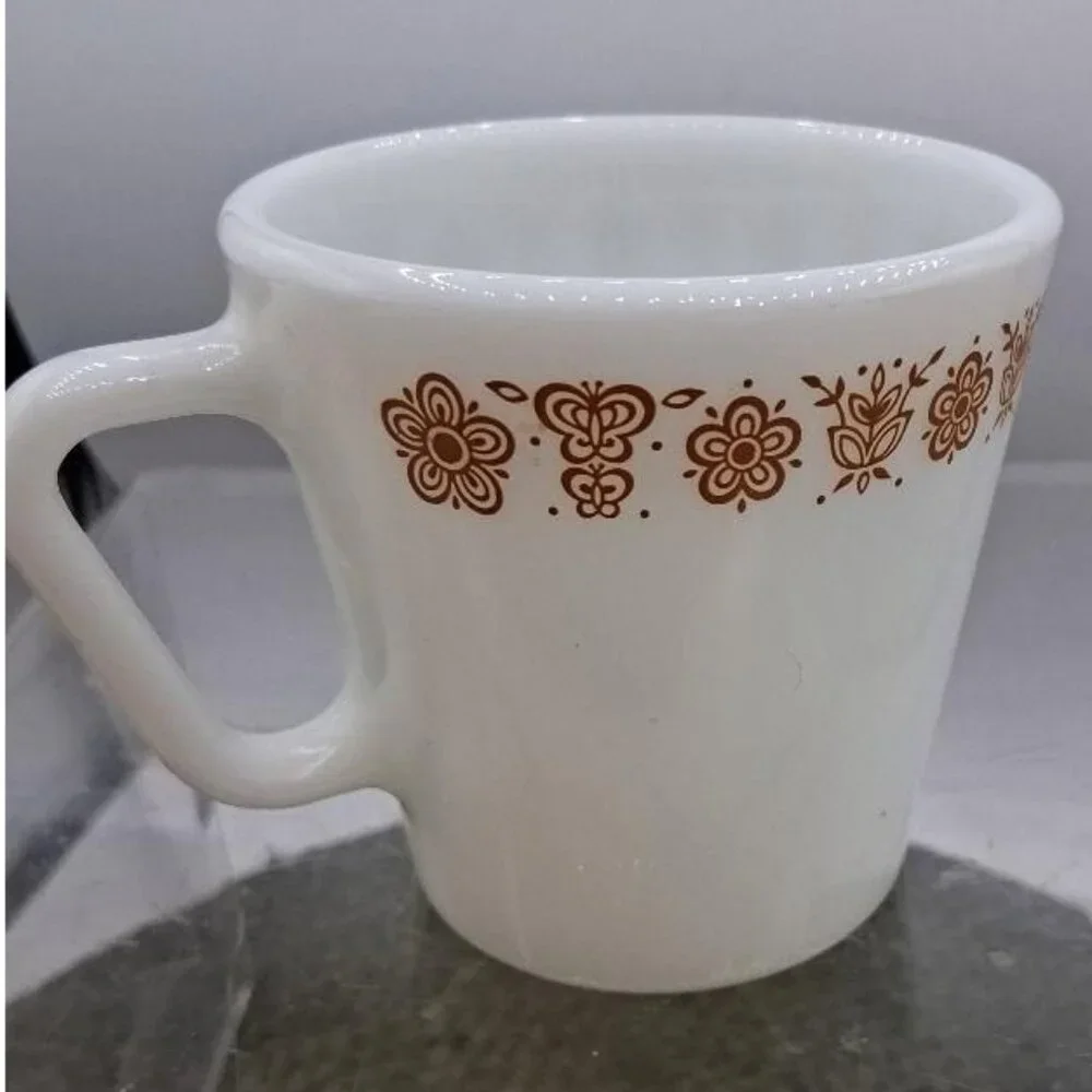 Vintage Pyrex White Milk Glass Mug W/Brown Floral Pattern 300ml Microwave Safe